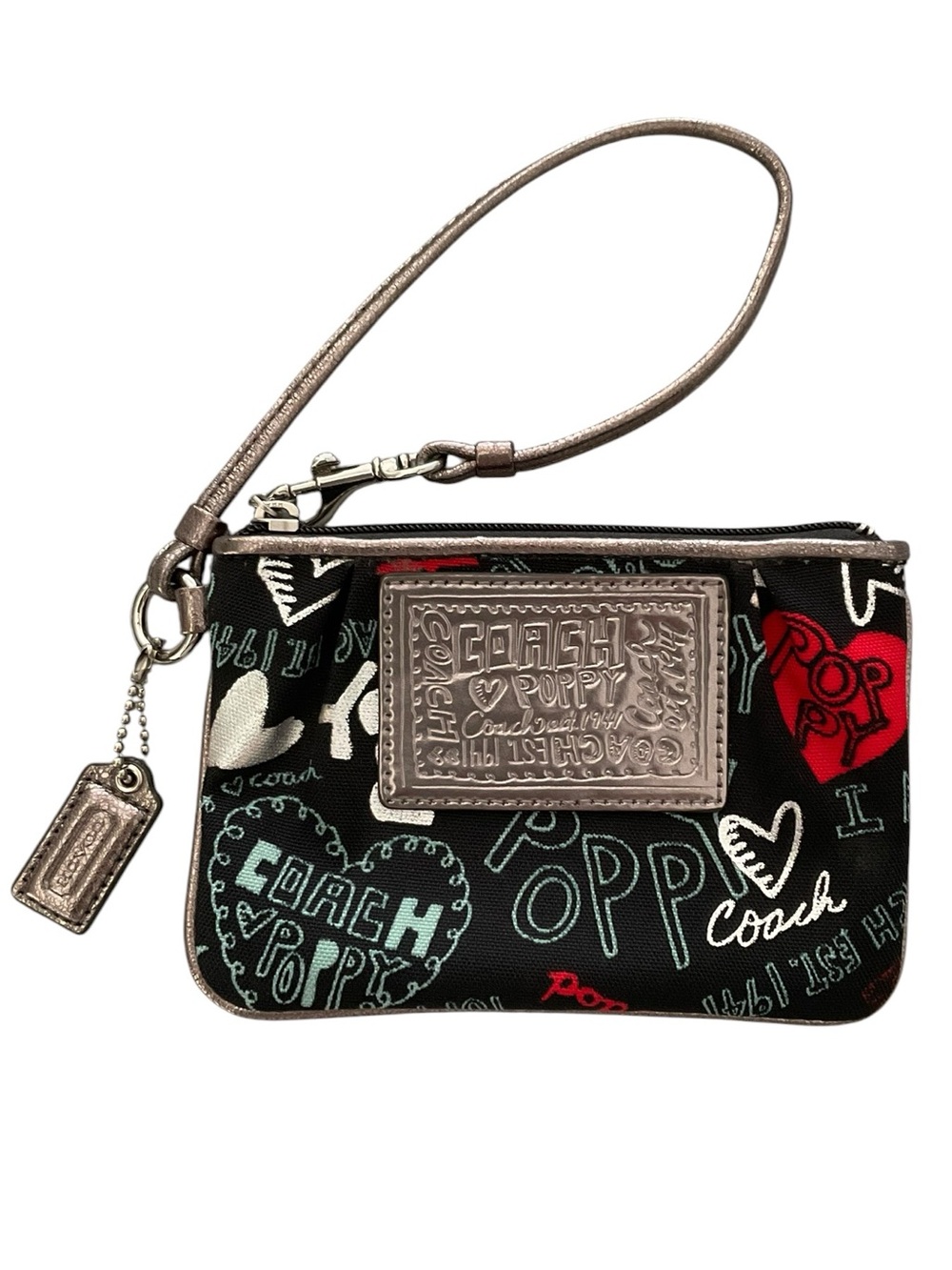 Coach Black Poppy Multicolor Graffiti Wristlet with Metallic Silver Trim